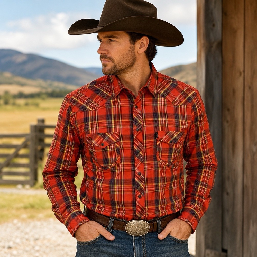 Cinch Modern Fit Western Pearl Snap Shirt Men XXL Orange Plaid Long Sleeve Cotto
